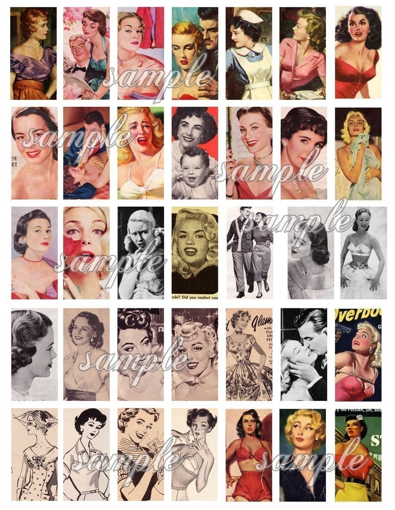 1950's Women III Digital Collage Sheet for Domino 1x2 inch 25mm x 50mm ephemera image 2