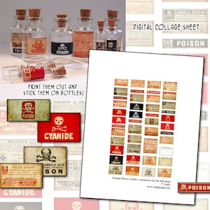 Könnte beinhalten: Ein digitales Collage-Blatt mit 36 Vintage-Gift-Etiketten mit Totenkopf und Knochen, Text und verschiedenen Designs. Die Etiketten sind in Rot, Schwarz und Weiß gehalten und eignen sich perfekt für Puppenhaus-Miniaturen oder Bastelprojekte.