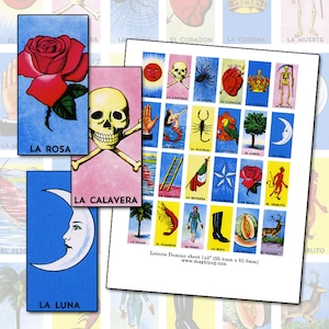 Mexikanische Loteria Domino digitale Collage Blatt 25mm x 50mm Papagei Stiefel Skorpion Rose gelb rot blau Meerjungfrau Baum Garnele