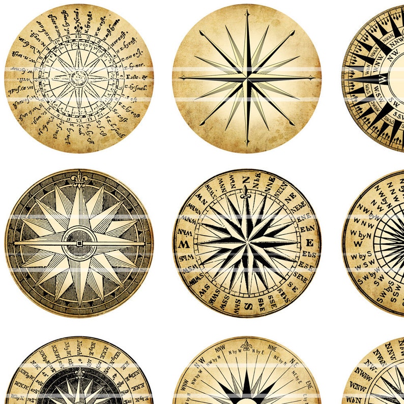 Mariner's Rose Compass black & white digital collage sheet Etsy