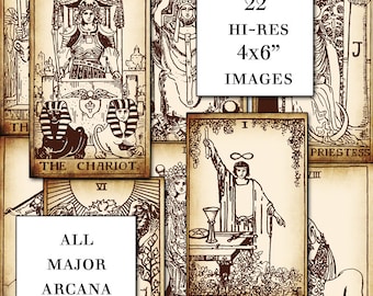 Może przedstawiać: Kolaż 22 kart tarota, każda z inną kartą Wielkich Arkanów. Karty są w stylu vintage z brązowymi i białymi ilustracjami. Tekst "ALL MAJOR ARCANA" znajduje się w środku obrazu. Tekst "22 HI-RES 4x6" IMAGES" znajduje się w prawym górnym rogu obrazu.