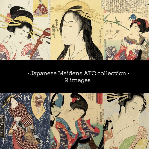 Japanese Maidens antique print digital collage sheet ukiyo-e ATC 2.5 x 3.5 Japan Asia eastern art altered art