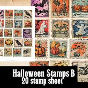 Sellos de Halloween B Sello postal Clipart Hoja de collage digital Diario basura Fussy Cuts Efímera Regalo para artesano Jack O Lantern Shabby Chic