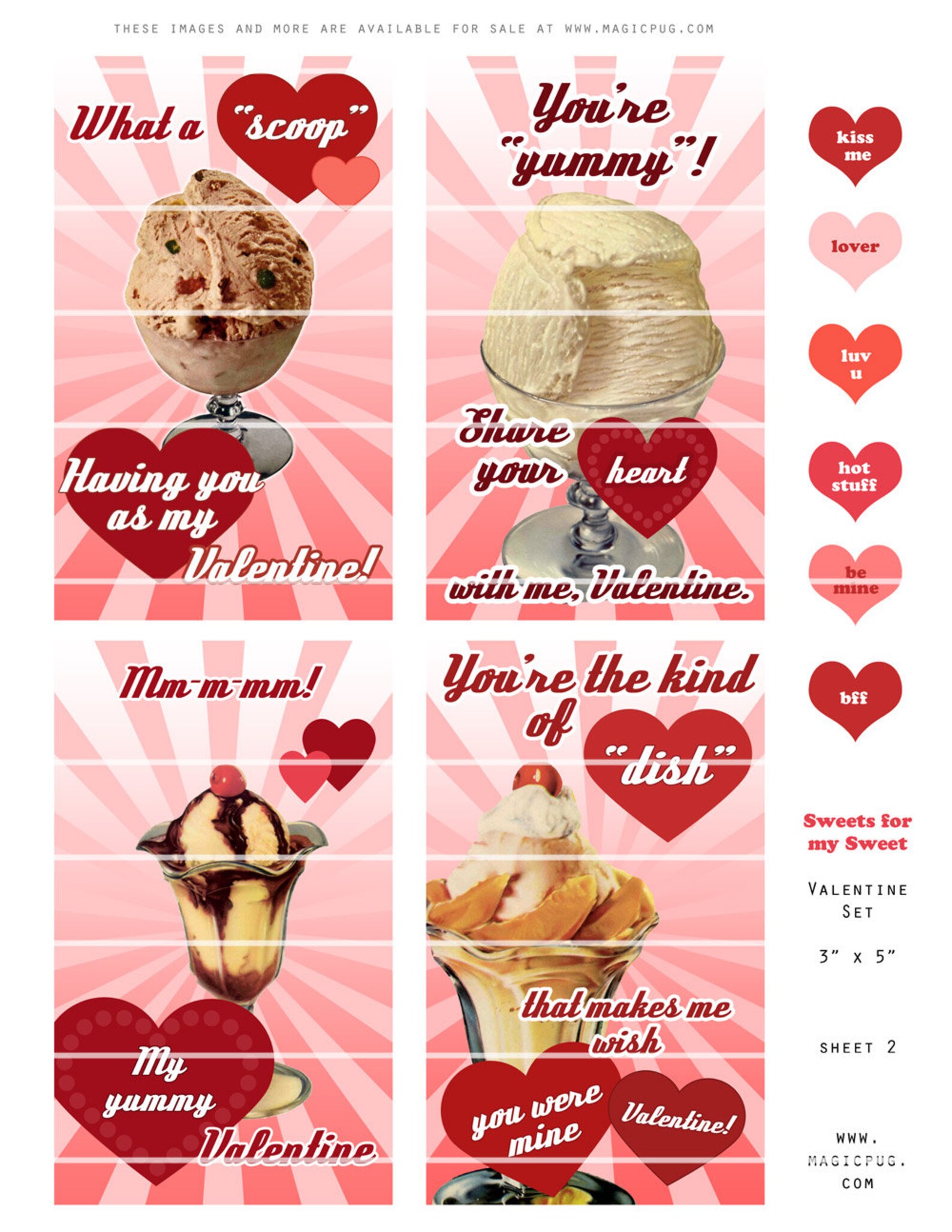 Retro Sweet Valentine Printable Set 8 3x5 Valentines PDF | Etsy