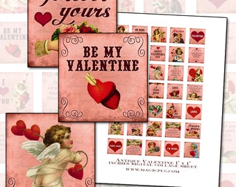 Pink and Red Victorian Valentine inchies digital collage sheet 1x1" 25mm 1" square quotes cupid shabby chic