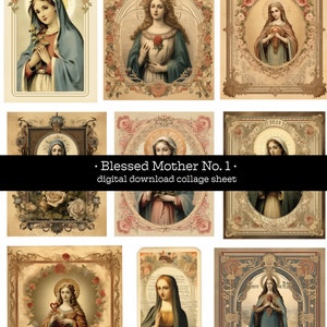 Gezegende moeder, moeder Maria nr. 1 digitaal collageblad voor efemere rommeltijdschriftencollectie antieke heilige kaarten Katholieke kunst Onze-Lieve-Vrouw