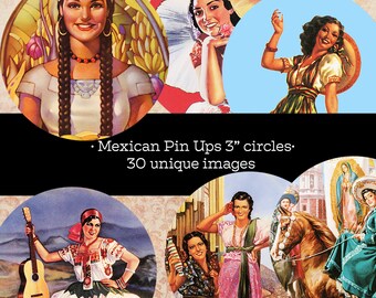 Mexican Pin Up Girl Advertising Poster Art 3 inch circle digital collage sheet 76mm