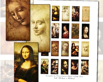 Leonardo Da Vinci domino digital collage sheet 1x2" 25mm x 50mm Renaissance master artist