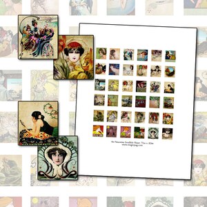 Hoja de collage digital de Scrabble de mujeres Art Nouveau 0,75 x 0,83 pulgadas 19 mm x 21 mm postal antigua efímera tarjeta de felicitación ilustración retrato