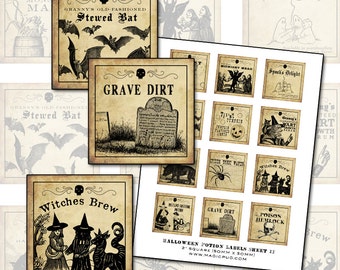 Op de afbeelding: Een vel met 12 afdrukbare Halloween-dranklabels, elk 5 cm vierkant. De labels bevatten illustraties en tekst in vintage-stijl, waaronder "Grave Dirt", "Witches Brew", "Stewed Bat" en "Midnight Mead".