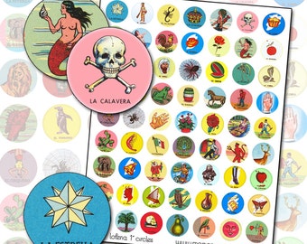 Mexican Loteria 1 inch circle digital collage sheet for buttons badges pins pinbacks 25 mm round Instant Digital Download Printable
