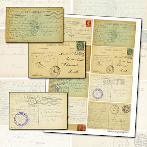 Hoja de collage de respaldos de postales antiguas 8,5 x 11" página completa de postales que escriben correspondencia de arte por correo postal
