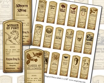 May include: A collection of vintage-style potion labels with various names and illustrations. The labels are rectangular with a distressed, aged appearance. The labels include text such as "Wishes of Pony" and "Flower of Belladonna". The dimensions are 1 x 2.91 inches.