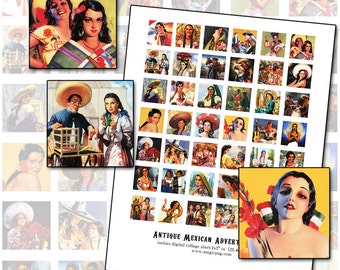 May include: A digital collage sheet of 36 vintage Mexican advertisements, featuring images of people, animals, and products. The collage sheet is 12 inches by 12 inches and is perfect for crafting and scrapbooking.