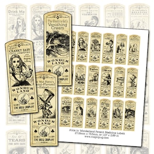 Feuille de collage numérique de bouteille de médecine brevetée ou d'étiquette de potion d'Alice au pays des merveilles altéré l'art éphémère série de vanille de tenniel