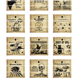 Antique Halloween Potion Labels I 2x2 inch digital collage sheet inchies 50mm square witch owl poison mushroom black cat pumpkin witches image 2