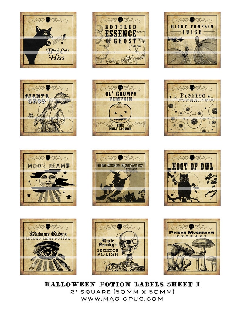 Antique Halloween Potion Labels I 2x2 inch digital collage sheet inchies 50mm square witch owl poison mushroom black cat pumpkin witches image 2