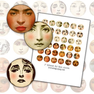 May include: A sheet of 1-inch round stickers featuring vintage-style illustrations of faces. The stickers are printed on white paper and have a variety of facial expressions.
