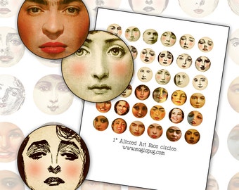 Altered Art Faces Digital Collage sheet 1 inch circles printable DIY Frida Kahlo Gibson Girl 25.4 mm 25mm circle round