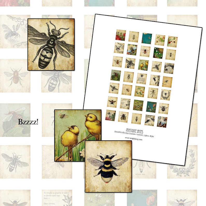 Bees Scrabble sized digital collage sheet .75 x .83 in 19mm x 21mm image 1