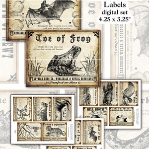 May include: A set of printable labels for potion bottles, featuring vintage illustrations of various ingredients, such as a bat, frog, tiger, and snake. The labels are designed in a gothic style with black and white illustrations and text. The labels are 4.25 inches by 3.25 inches.
