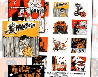 Vintage Halloween Graphics I digital collage sheet 2 inch square two 50mm for badge pinback button black orange cat witch jack o'lantern