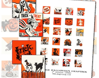 Vintage Halloween Graphics digital collage sheet 1 inch square inchies one 25 mm for badge pinback button black orange cat jack o'lantern