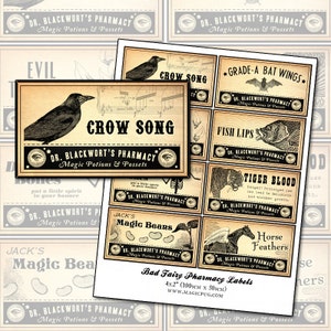 May include: A set of 10 printable Halloween potion labels featuring illustrations of a crow, bat, fish, tiger, horse, and beans. The labels are designed in a vintage style with black and white illustrations and text that reads "Dr. Blackwort's Pharmacy, Magic Potions & Possets".