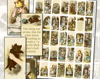 Alice in Wonderland Through The Looking Glass Color Domino Digital Collage Sheet 25mm x 50mm 1x2 inch walrus black kitten lewis carroll