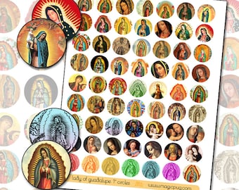 Lady of Guadalupe 1 inch circle digital collage sheet for buttons badge pinback 25mm round folk art traditional catholic shrine nicho