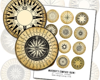 May include: A set of 12 vintage-style compass designs in black and white. The compasses are printed on a cream-colored background and feature various compass rose designs with cardinal directions and degree markings. The text "MARINER'S COMPASS (B&W)" is printed below the compasses, along with the size "2" circle (50mm) and the website address "www.magicpug.com".