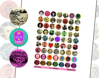 Day of the Dead 16mm circle digital collage sheet rounds printable instant download