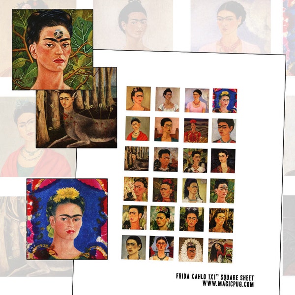 Frida Kahlo Self Portrait Inchies Digital Collage Sheet instant download printable 1x1 25mm 1" square