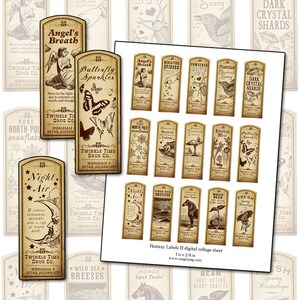 May include: A digital collage sheet with 16 vintage-style labels featuring whimsical illustrations and text. The labels are designed for use as bottle labels, with names like "Angel's Breath", "Butterfly Sparkles", "Night Air", and "Wild Sea Breezes".
