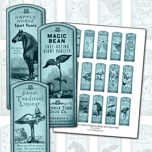Könnte beinhalten: Ein digitales Collage-Blatt mit 16 Etiketten im Vintage-Stil mit skurrilen Illustrationen und Text. Die Etiketten sind in einem hellblauen Farbschema gehalten und zeigen Designs wie ein geflecktes Pferd, eine Zauberbohne, einen Pilz und eine Vielzahl anderer fantastischer Kreaturen. Die Etiketten sind 1 Zoll mal 2,91 Zoll groß.
