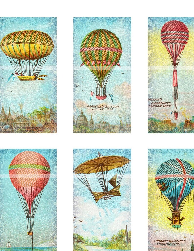 Antique Hot Air Balloons and Air Ships domino digital collage sheet 1x2 inch 25mm x 50mm image 2