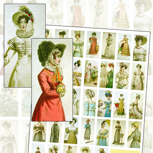 Jane Austen Regency Costume Fashion Sepia Digital Collage Sheet Sized for Domino Jewelry 25mm x 50mm 1x2 inches