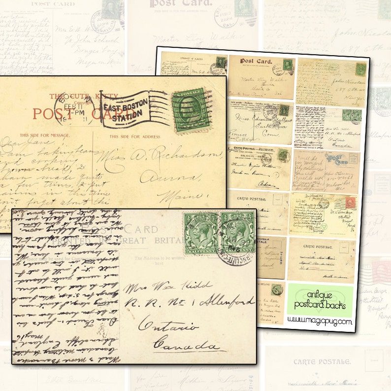 Antique Postcard Backs Digital Collage Sheet ephemera post altered art stamp cancelled stamps mail art postage postal image 1