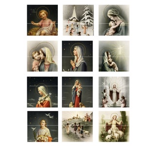 May include: A set of twelve vintage Christmas cards featuring religious imagery. The cards depict scenes of the Nativity, the Virgin Mary, and the Holy Family. The cards are printed on thick paper with a glossy finish.
