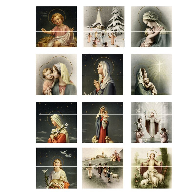 May include: A set of twelve vintage Christmas cards featuring religious imagery. The cards depict scenes of the Nativity, the Virgin Mary, and the Holy Family. The cards are printed on thick paper with a glossy finish.