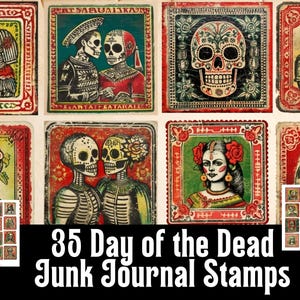 Zestaw znaczków pocztowych na Dzień Zmarłych, clipart Junk Journal, wycinanki, drobiazgi, prezent dla majsterkowicza, cyfrowy arkusz kolażu, meksykańska calavera