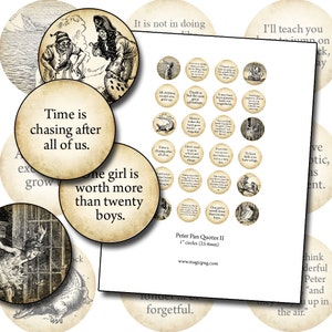 Antique Peter Pan Quotes & Art II 1&quot; circle digital collage sheet 25mm 25.4  mm