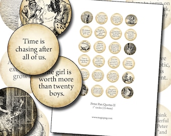 Antique Peter Pan Quotes & Art II 1" circle digital collage sheet 25mm 25.4  mm
