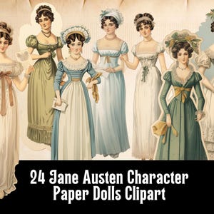 Jane Austen Paper Dolls Junk Journal Collage Clipart Set Fussy Cuts Victoriaanse Ephemera cadeau voor crafter digitale collage regentschap Engeland