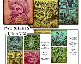 Instant Digital Download Printable Day of the Dead 4x4" coaster Color digital collage sheet  Mexican Mexico Día de los Muertos