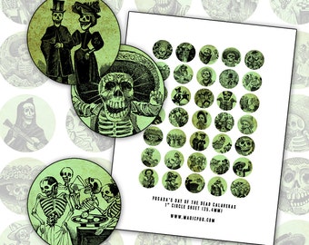 Day of the Dead Posada Calavera Green 1 inch 25 mm circle digital collage sheet 25.4mm round