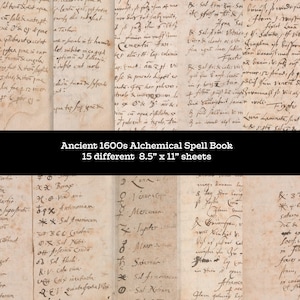 1600s Alchemy Spell Book Magic Pages tamaño carta hojas imprimibles collage digital suministra texturas fondo arte alterado medios mixtos