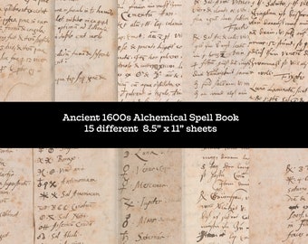 1600s Alchemy Spell Book Magic Pages letter size printable sheets digital collage supplies textures background altered art mixed media