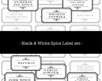 85 Black and White Spice and Herb Labels Set digital collage sheet 300dpi 2x1 25mm x 50mm for kitchen Victorian inspired