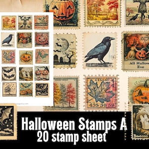 Sellos de Halloween Un sello postal Clipart Hoja de collage digital Diario basura Fussy Cuts Efímera Regalo para artesano Jack O Lantern Shabby Chic